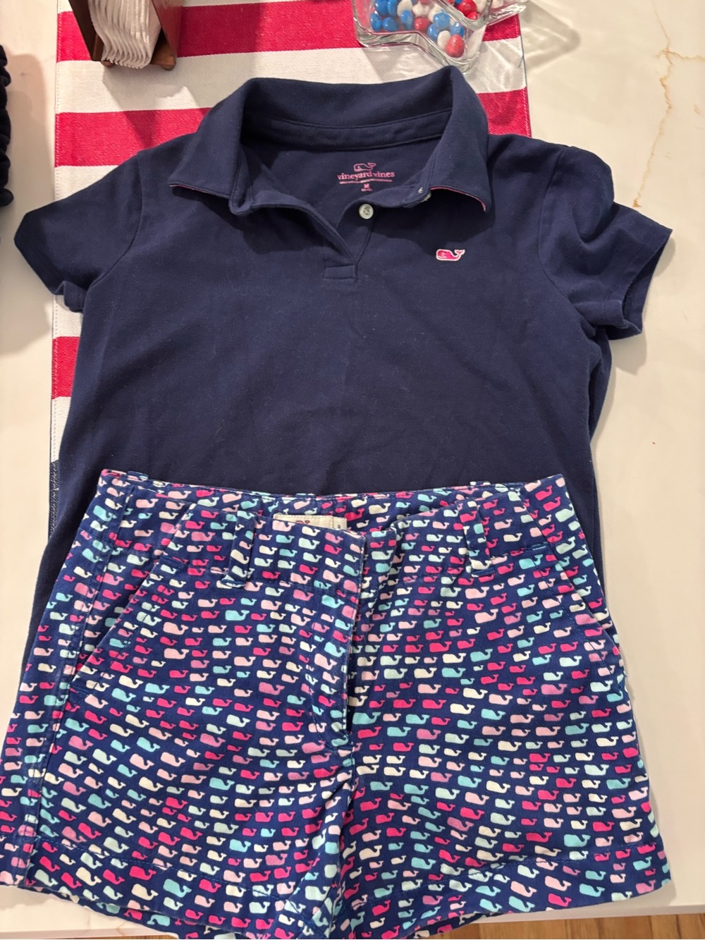 Vineyard Vines Navy Polo with Multi-Whale Print Shorts